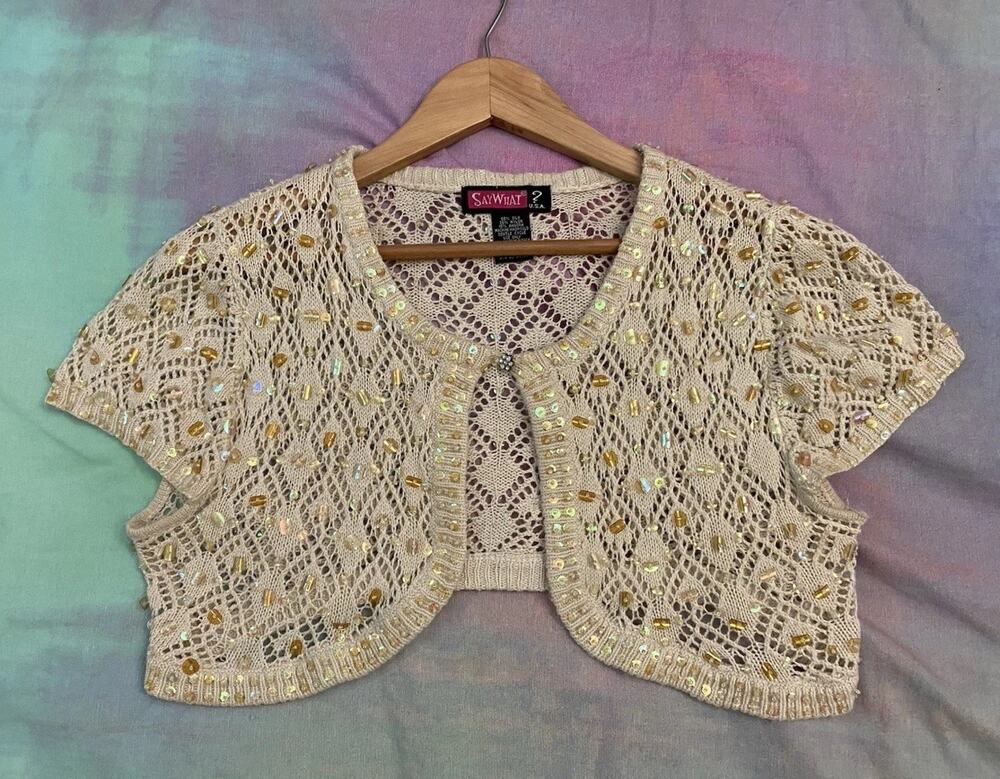 Vintage Y2K Say What? Cream Beaded Sequin Crochet Shrug Bolero Silk Angora Sz M
